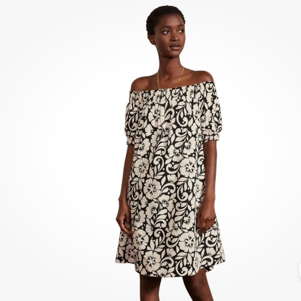 Boden Womens Black & Cream Tropical Hibiscus Off Shoulder Shift Dress